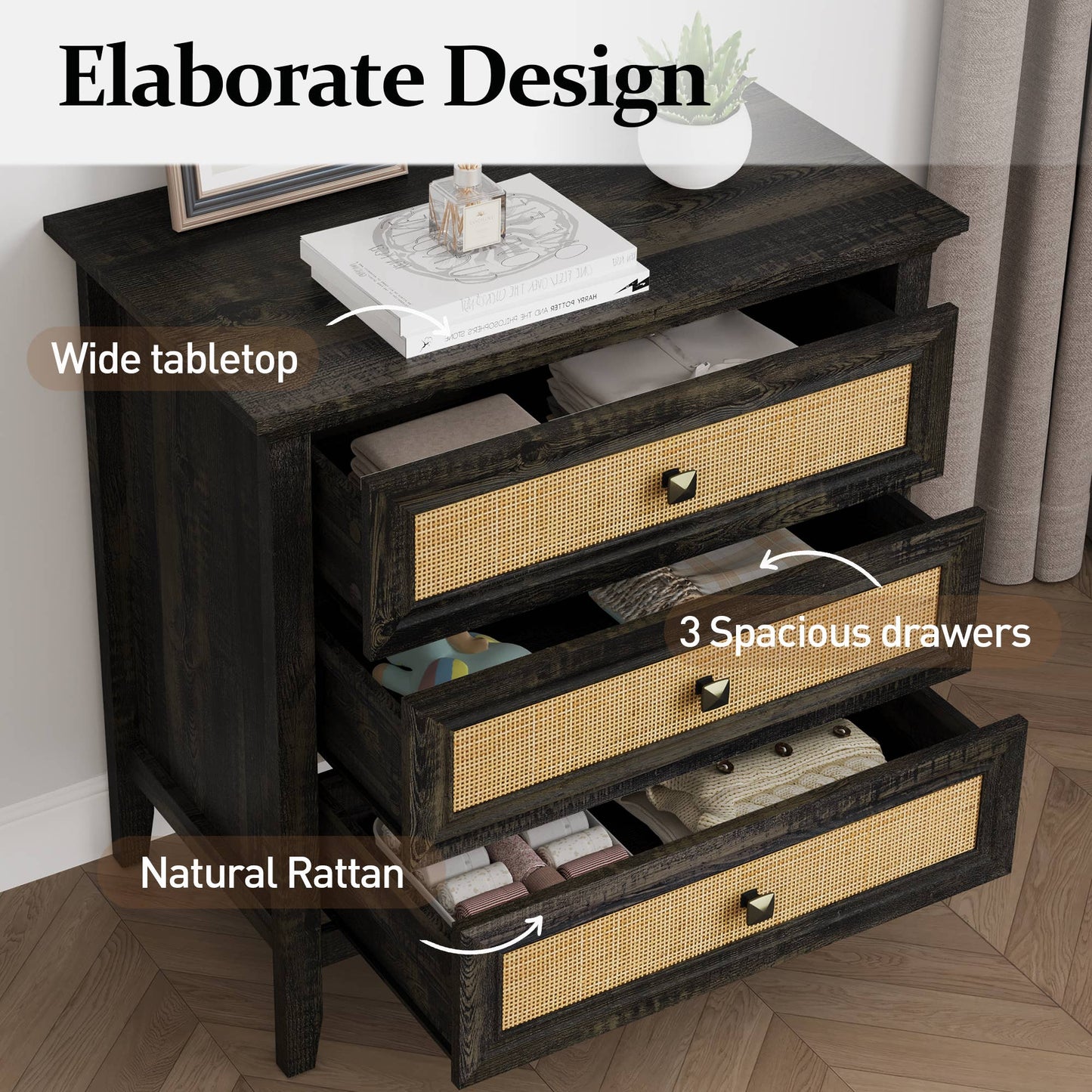 3 Drawer Dresser, Cane Nightstand with Rattan Drawers