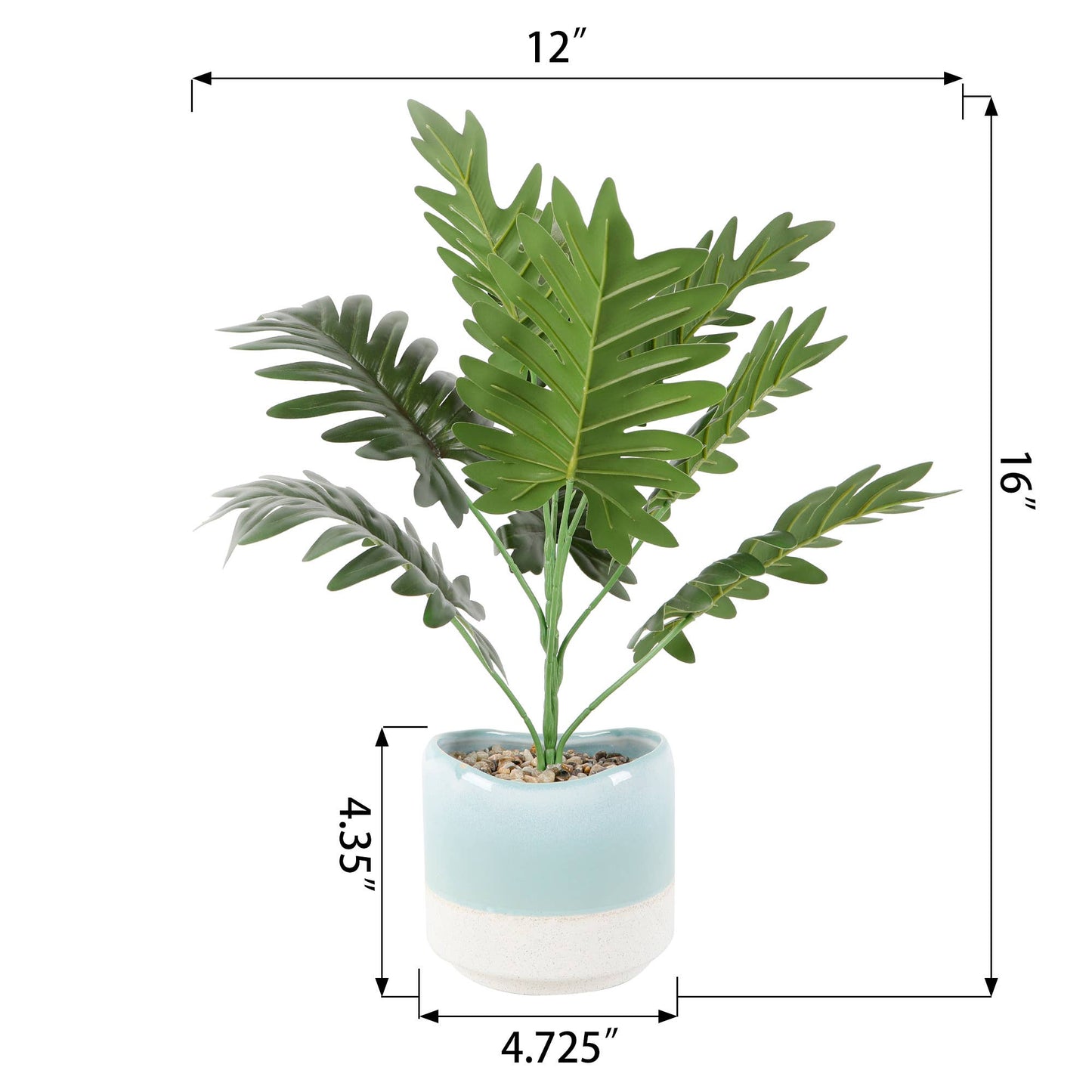 Tropical Faux Philodendron in Blue Ceramic Pot, 16” Tall