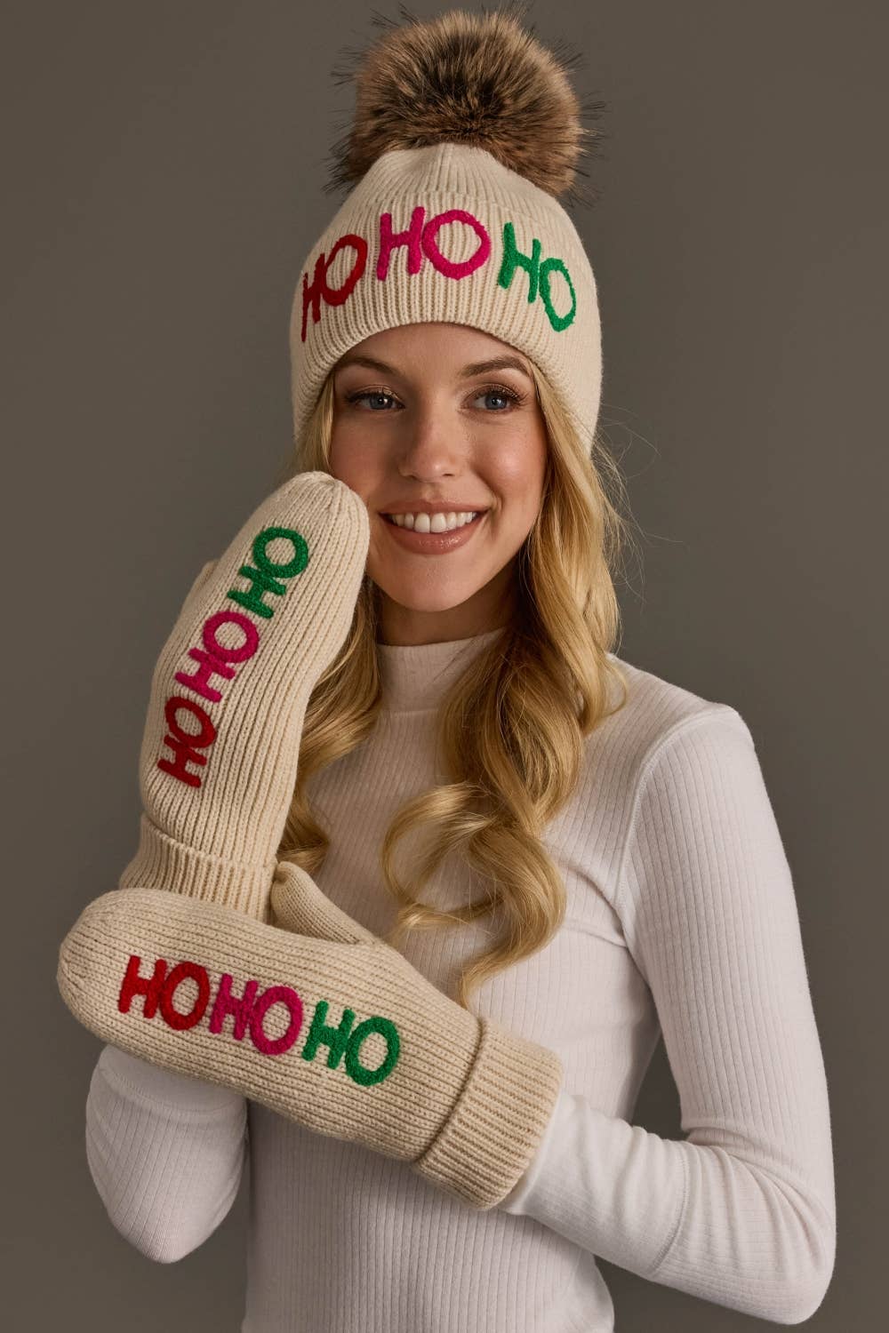 Beige Ho Ho Ho Knit Pom Hat