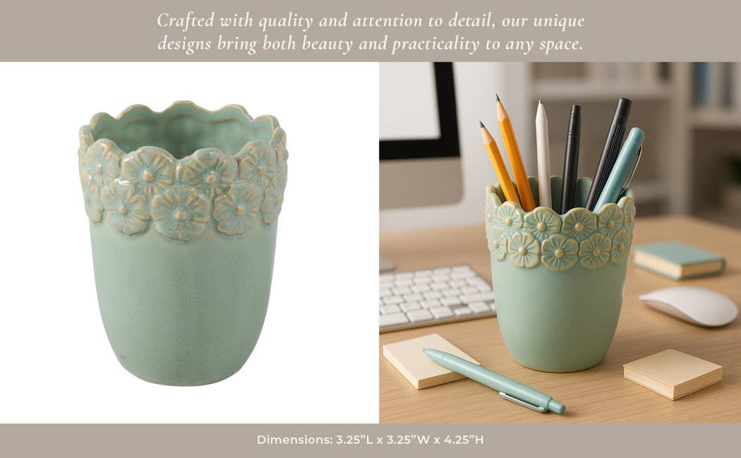 Pencil Cup - Green Ceramic Scalloped Flower Border, 4 in.