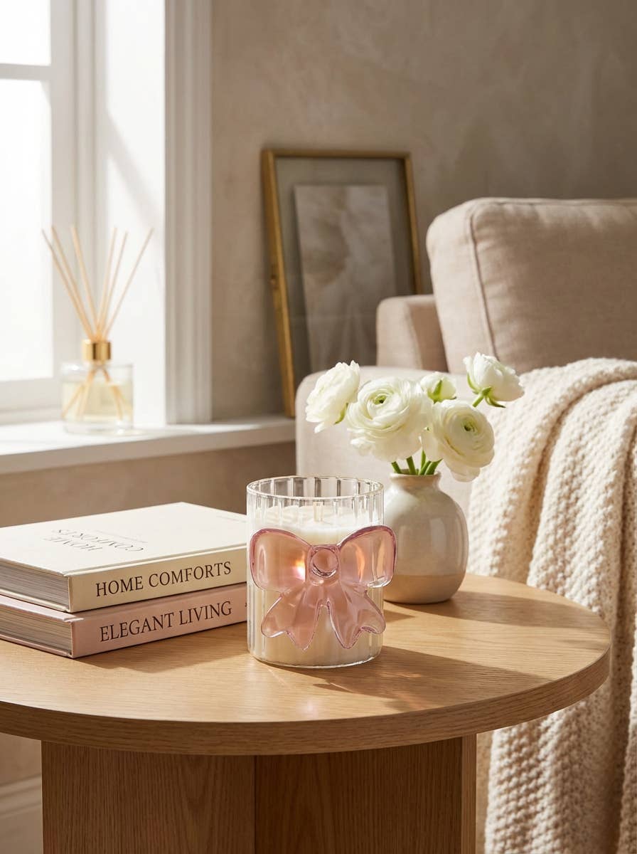 3.5"H Glass Candle w/Bow (7.1 oz) -Sparkling Champagne