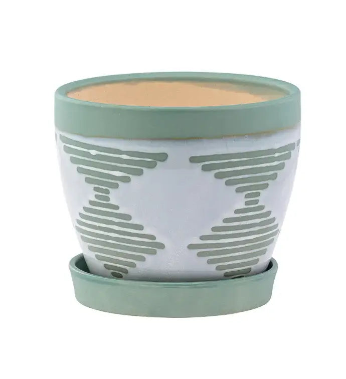 4.5" Green and White Pot with Saucer Item #17298