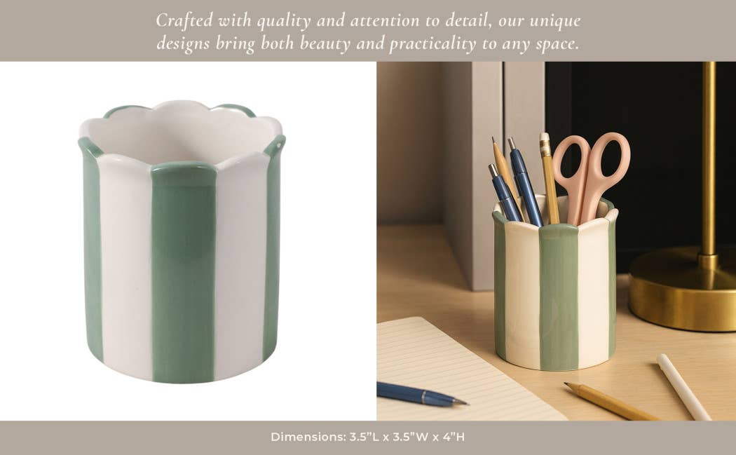 Pencil Cup - Green/Ivory Ceramic Decorative Striped, 4 in.
