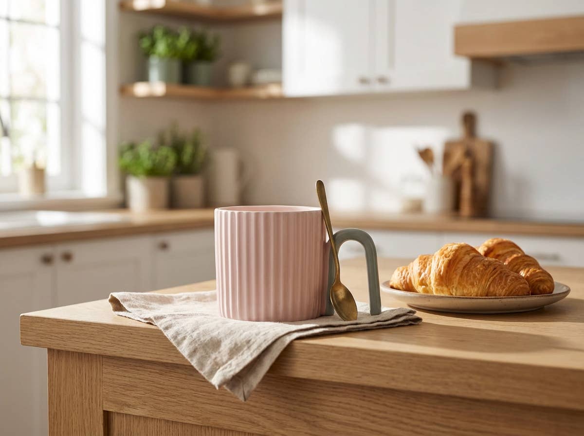 Pink Modern Ribbed Ceramic Mug with Arch Handle
