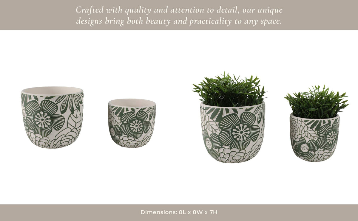 Planter Set of 2 - White/Green Ceramic Floral Power, 6/8 in.