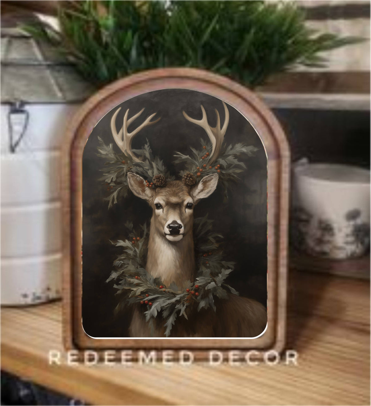 Arch Top Wreath Deer Framed Art