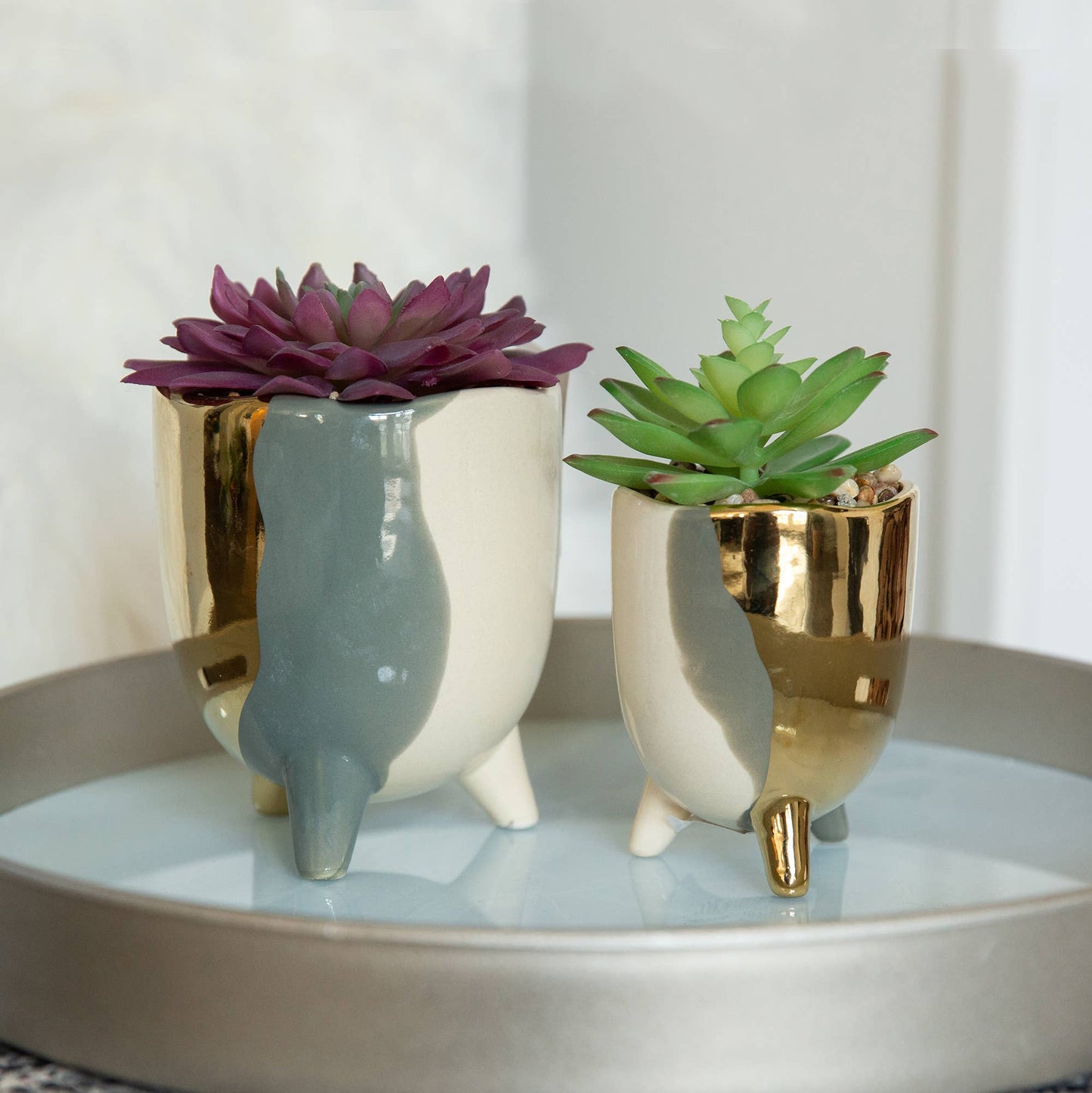 Set Of 2 4"And 3" 3-Tone Footed Ceramic