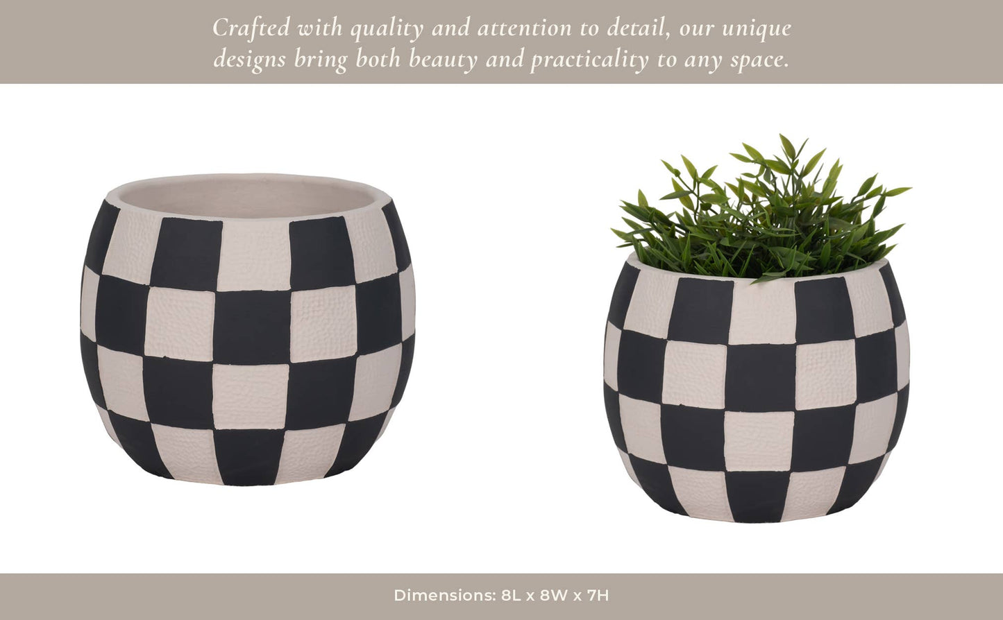 Planter - Black/White Pottery Checkerboard Rounded, 8 in.