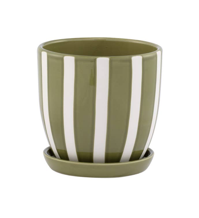 Green/White Stripe Planter with Saucer #17487