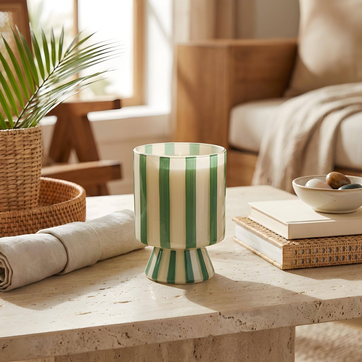 13 oz Green Stripe Pedestal Glass Candle – Cavana