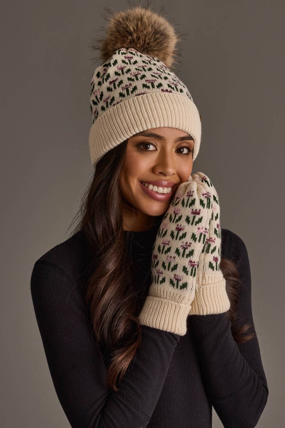 Cream Small Floral Pattern Knit Pom Hat