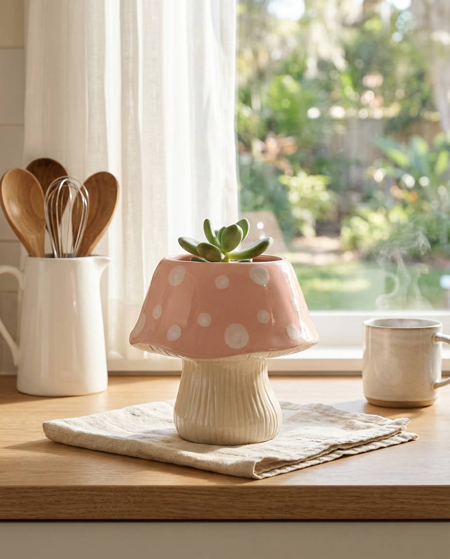 Pink Polka Dot Mushroom Ceramic Planter