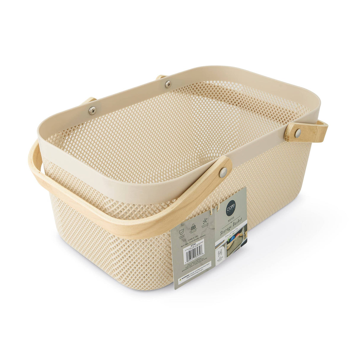 15.74"x 9.64" x 7.48" - PP Mesh Basket w/ Wooden Handle - FS