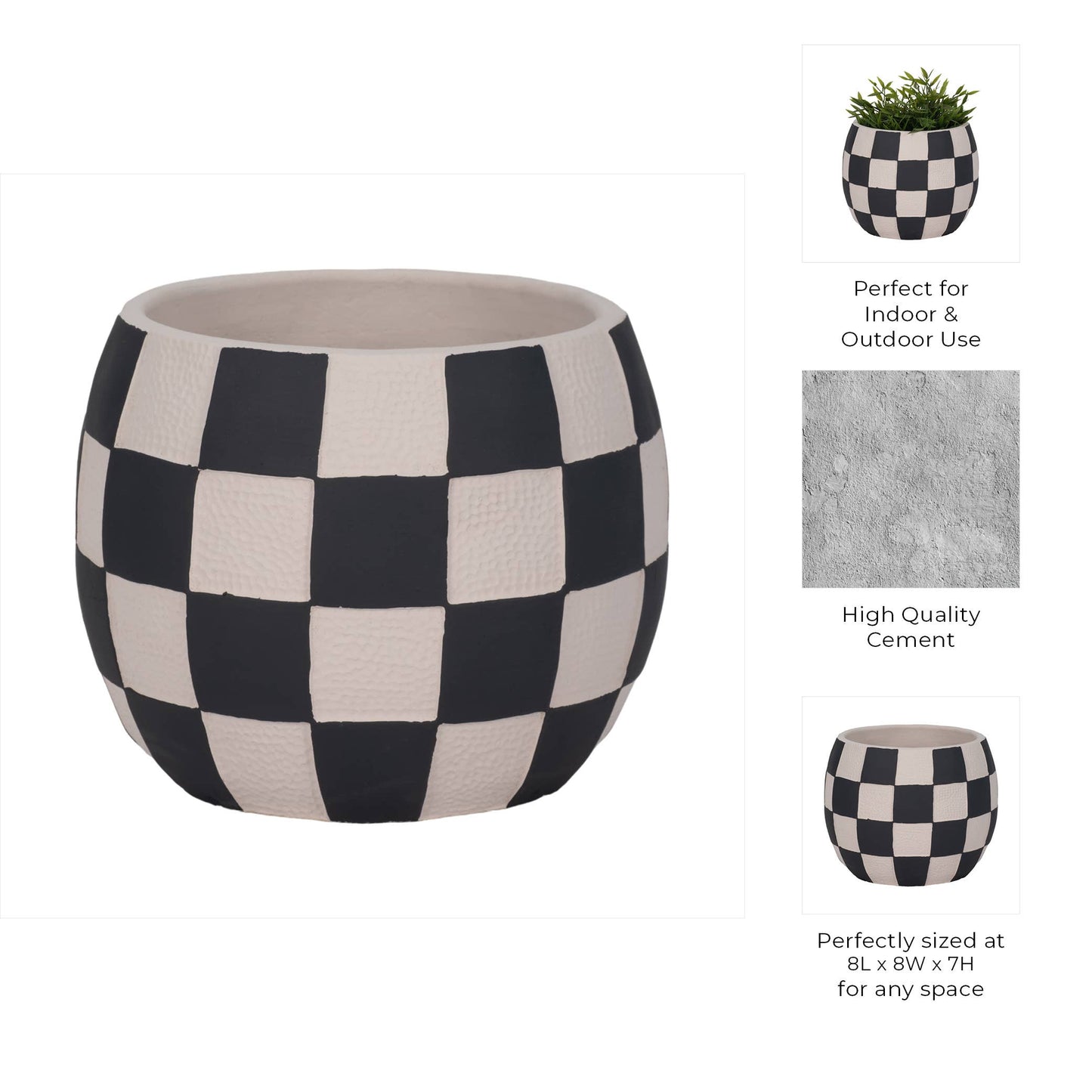 Planter - Black/White Pottery Checkerboard Rounded, 8 in.