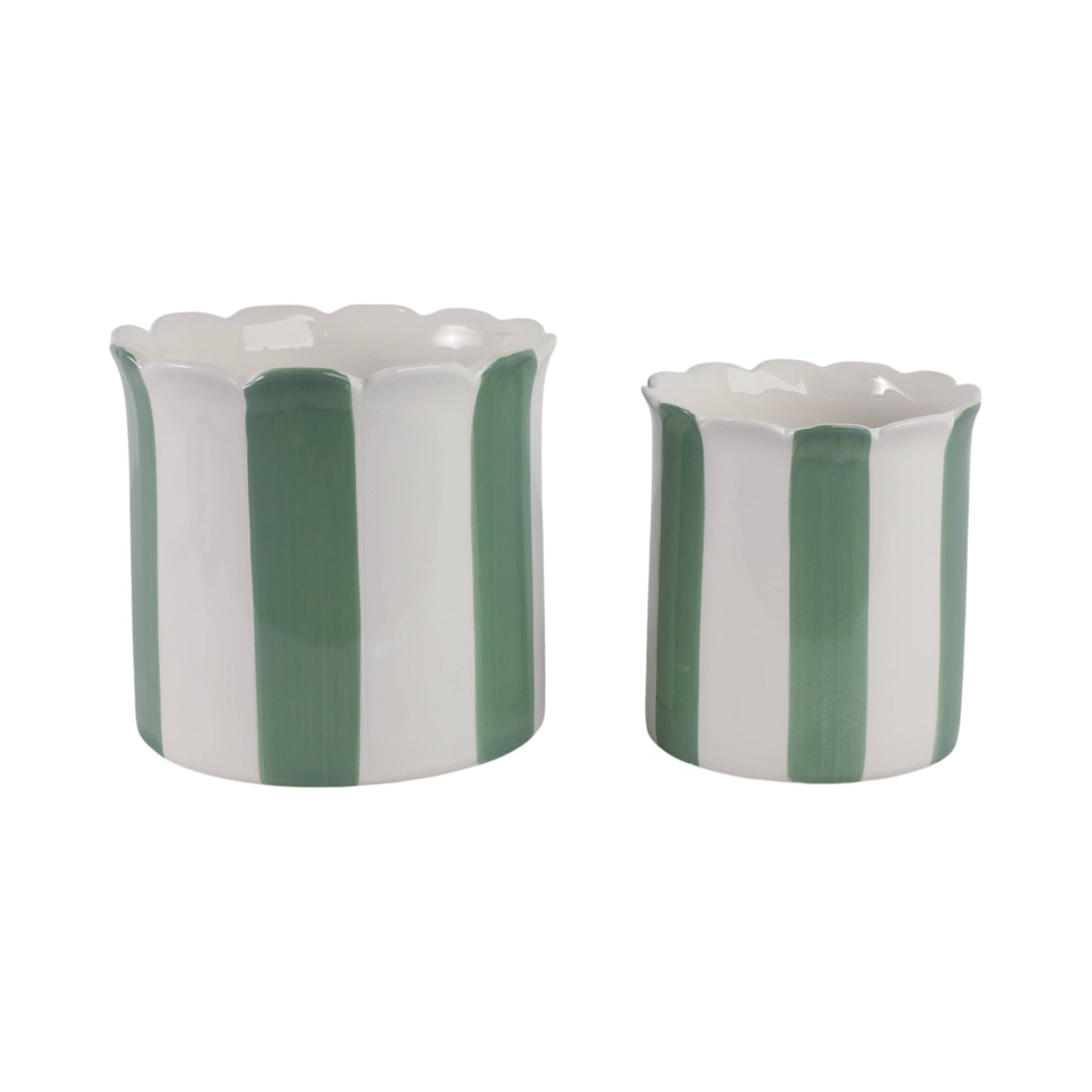 Planters Set of 2 - Green/White Ceramic Striped, 6/8 in.
