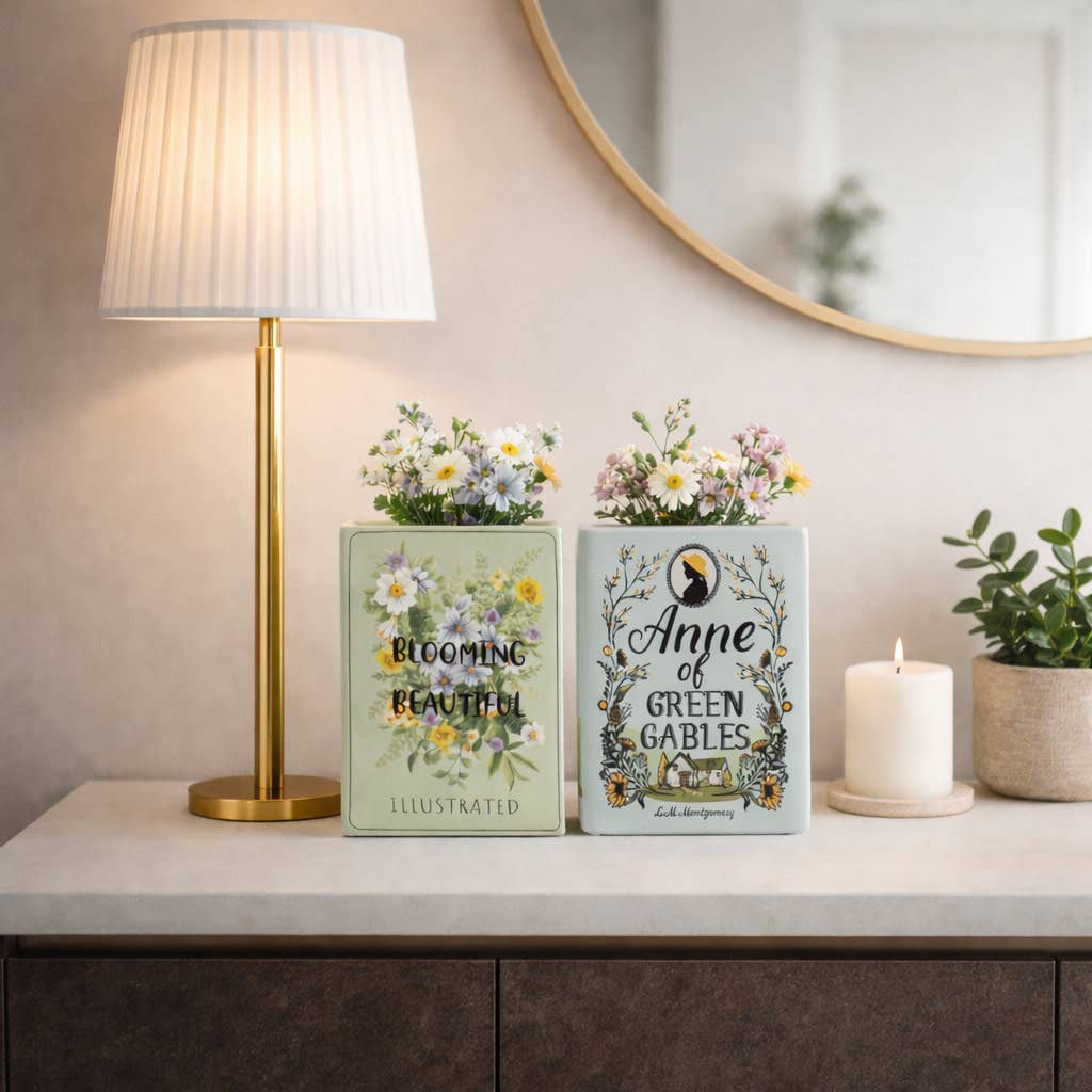 Decorative Vase Set of 2 - Green Ceramic Floral Book, 8 in.
