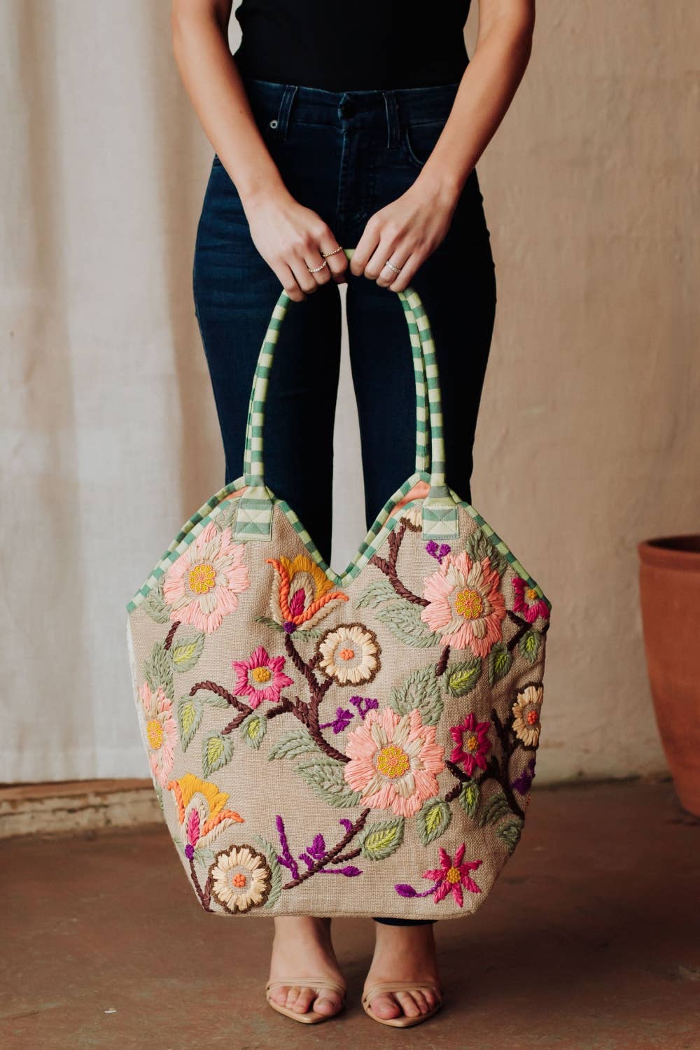 Green, Navy & Multicolored Floral Tote