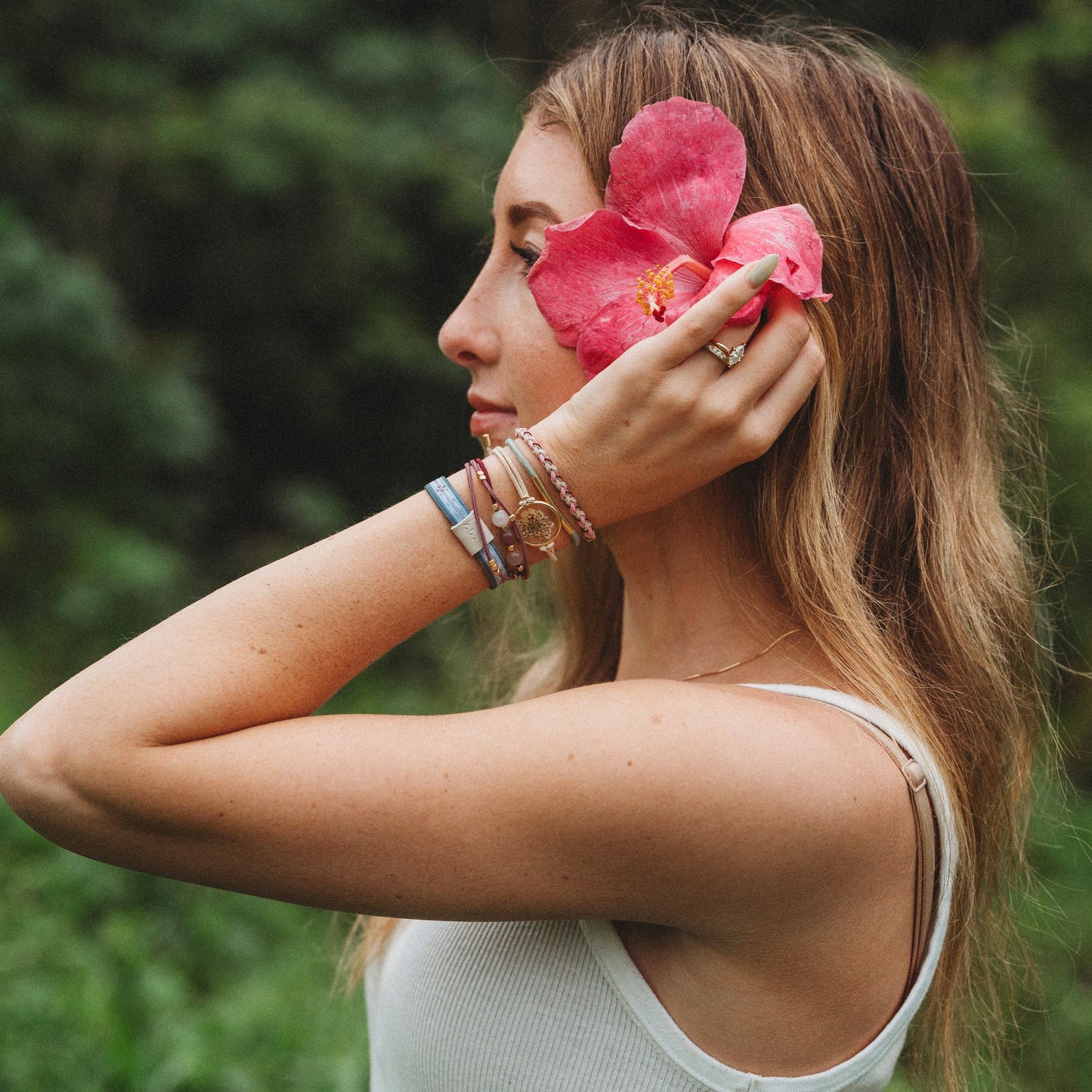 "Bloom" Maroon and Pink with Pressed Flowers Hair Tie Bracelets