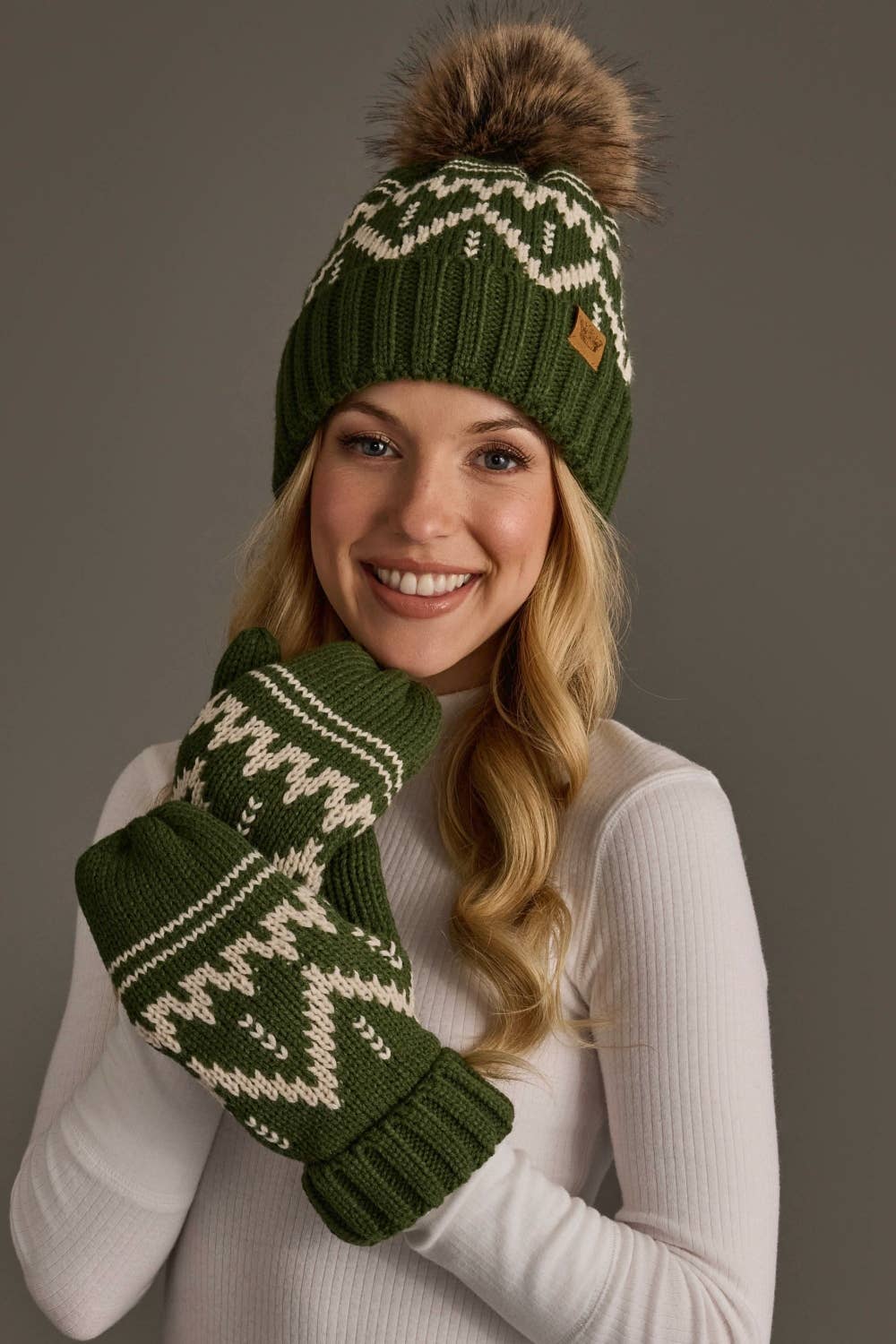 Olive & Beige Patterned Pom Hat