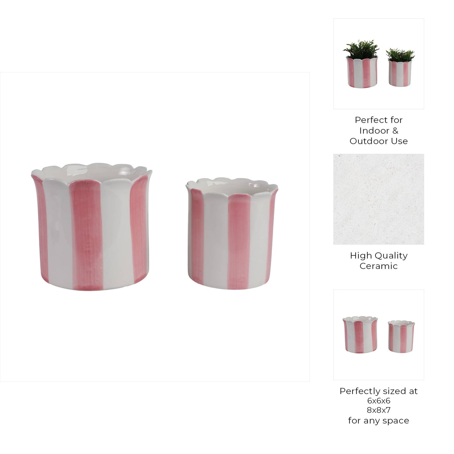 Planters Set of 2 - Pink Ceramic Striped Scallop, 6/8 in.