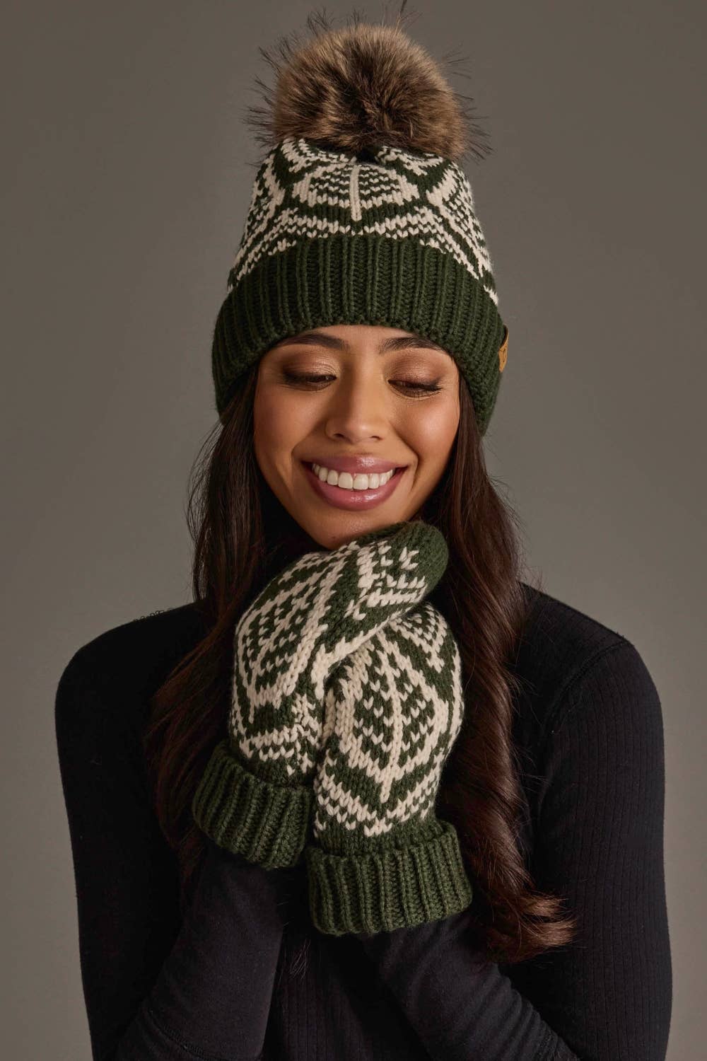 Olive & Beige Patterned Knit Pom Hat