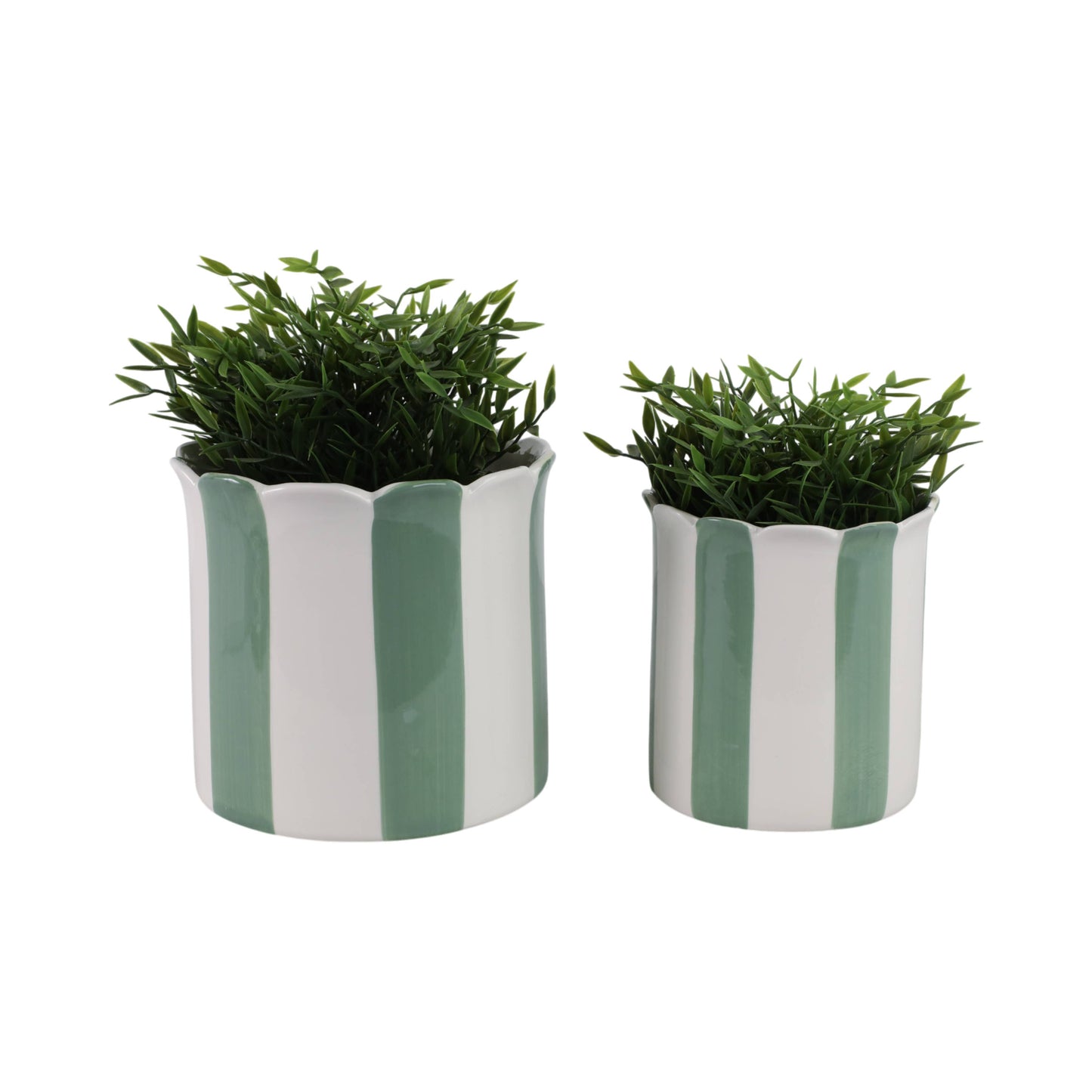 Planters Set of 2 - Green/White Ceramic Striped, 6/8 in.