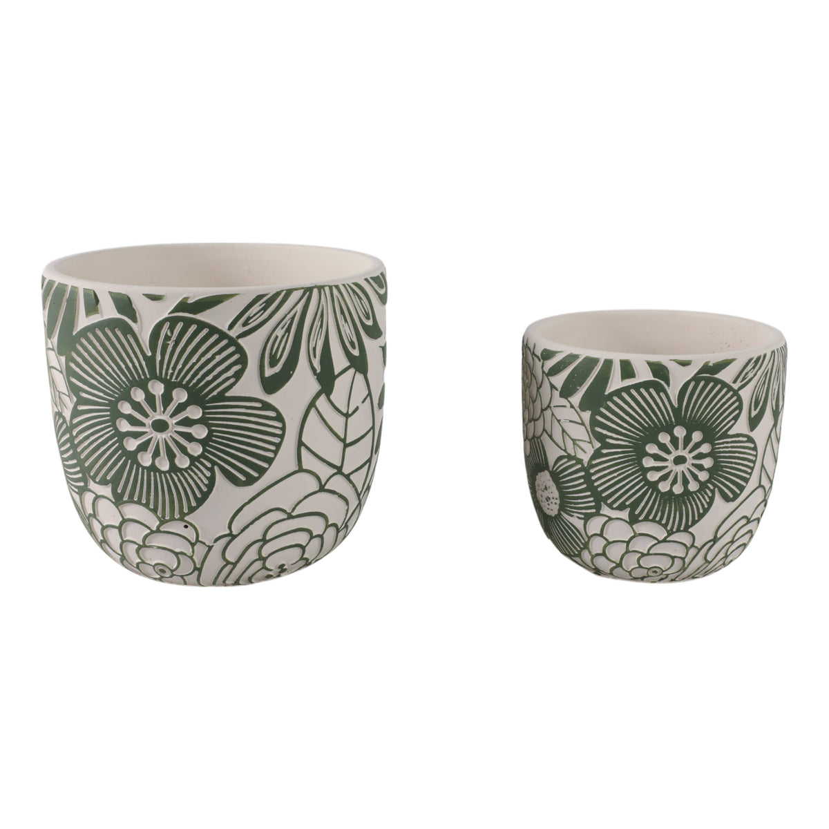 Planter Set of 2 - White/Green Ceramic Floral Power, 6/8 in.