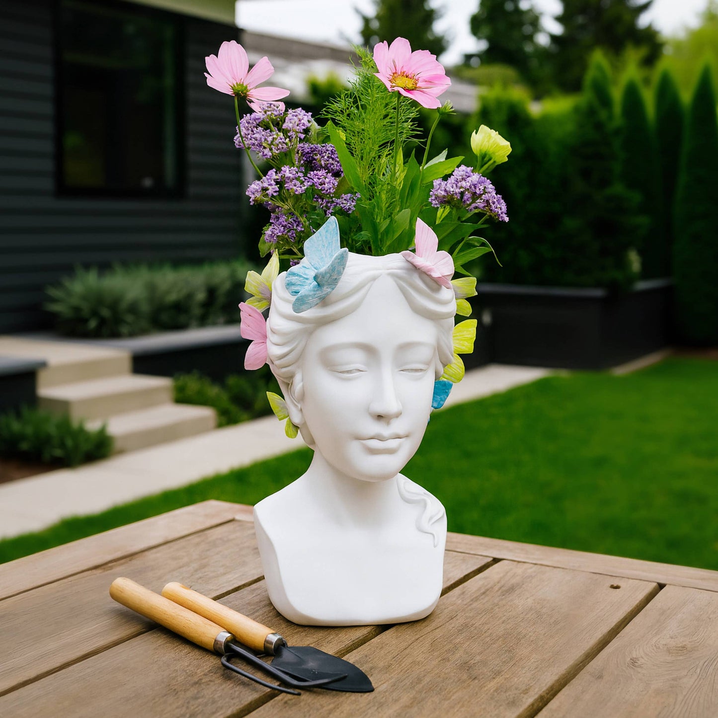 Planter - White Polyresin Lady with Butterflies, 7 in.