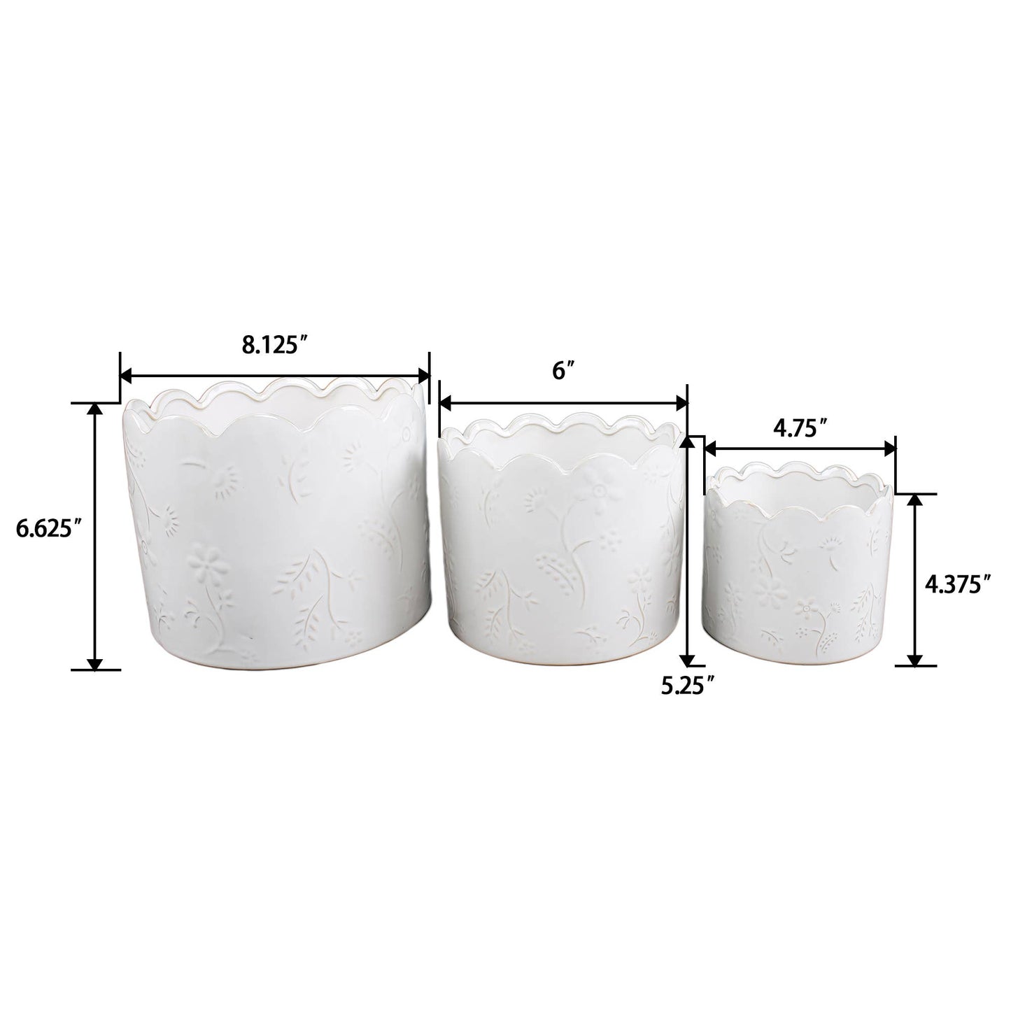 Set of 3 White Scalloped Flower Embossed Planters