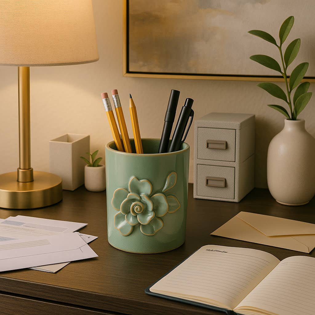 Pencil Cup - Green Ceramic Rose Decorative Applique, 4 in.