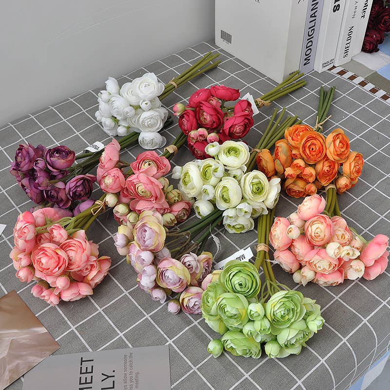 10''T Silk Baby Ranunculus Flower Bunch, 6 Stems/24 Blooms