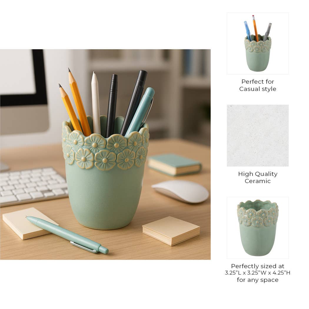 Pencil Cup - Green Ceramic Scalloped Flower Border, 4 in.