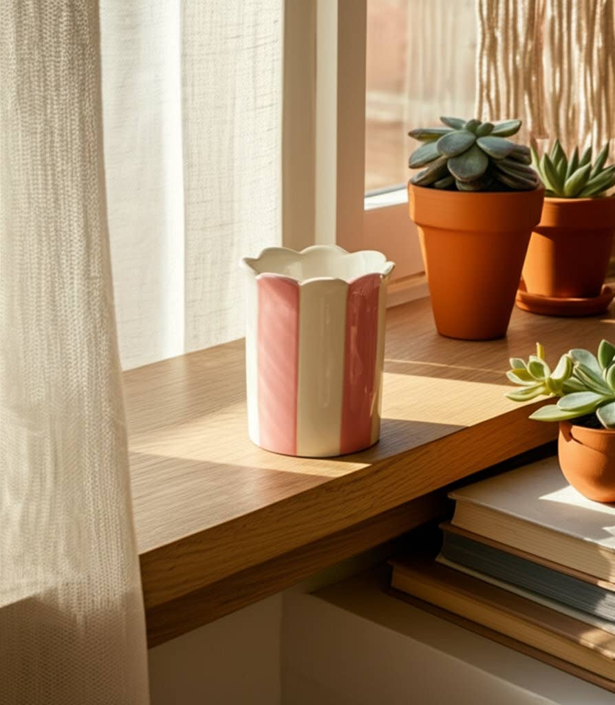 Pencil Cup - Pink/Ivory Ceramic Decorative Striped, 4 in.