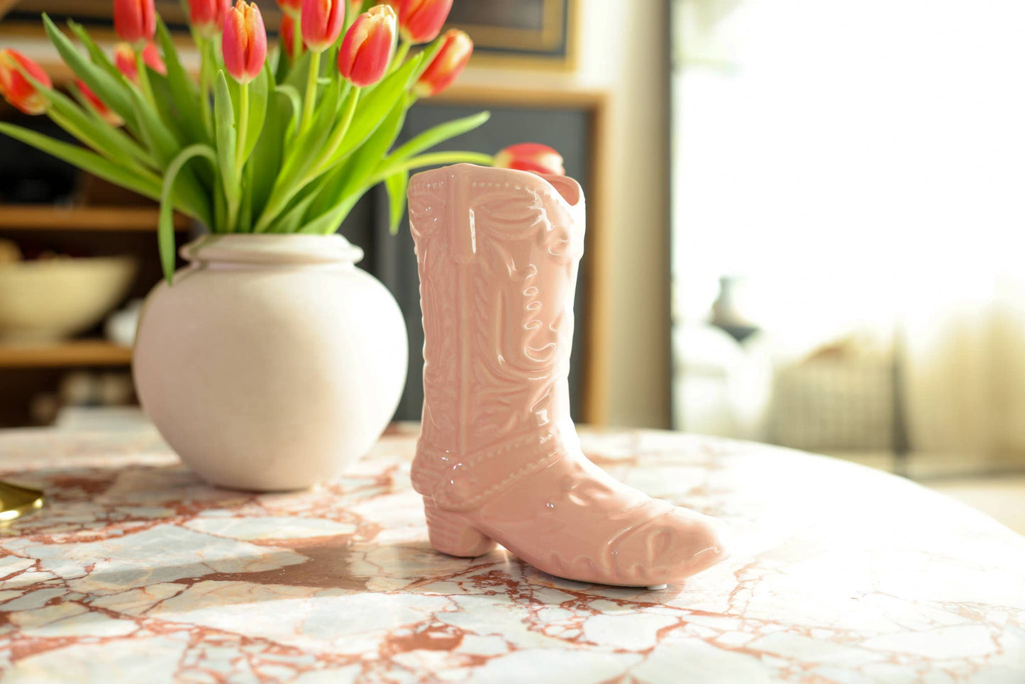 8.5 H Pink Ceramic Cow Girl Boot Vase