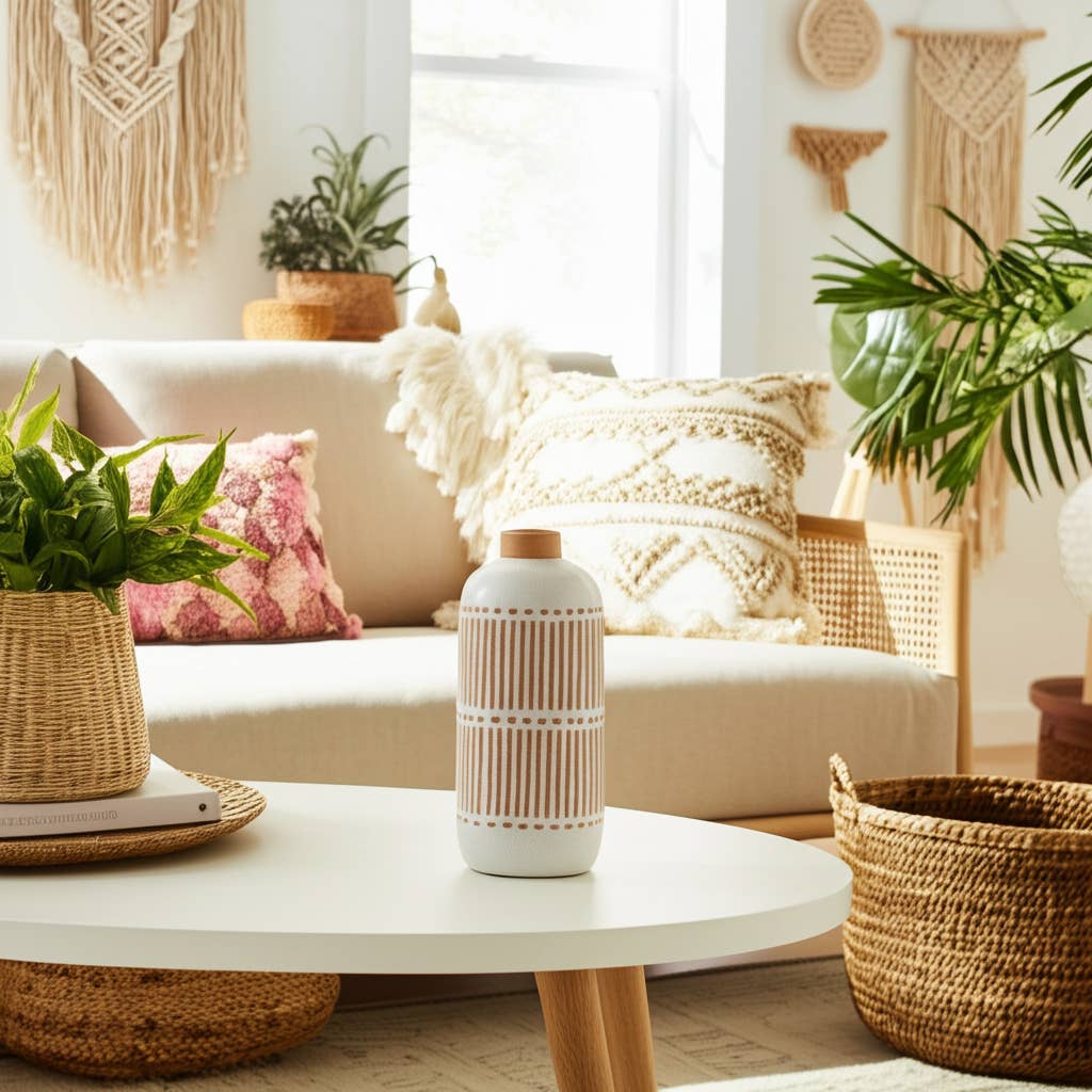Decorative Vase - Ivory Ceramic Aztec Grooved Line, 12 in.