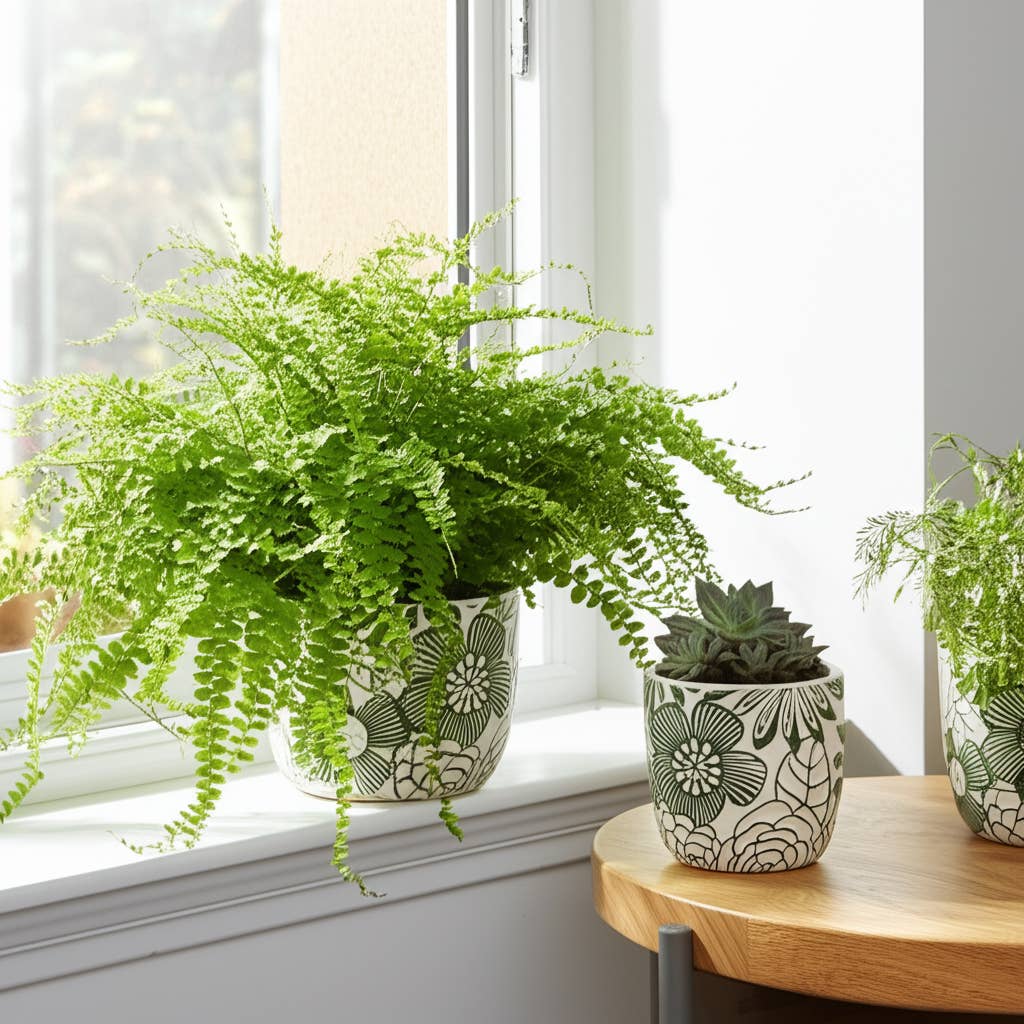 Planter Set of 2 - White/Green Ceramic Floral Power, 6/8 in.