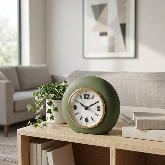 Table Clock - Green Metal and Glass Round Design, 7 in.