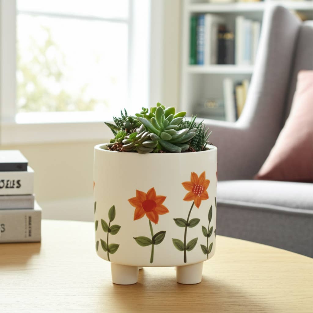 Plant Pot - White Ceramic Resin Footed Hand Painted, 6 in.