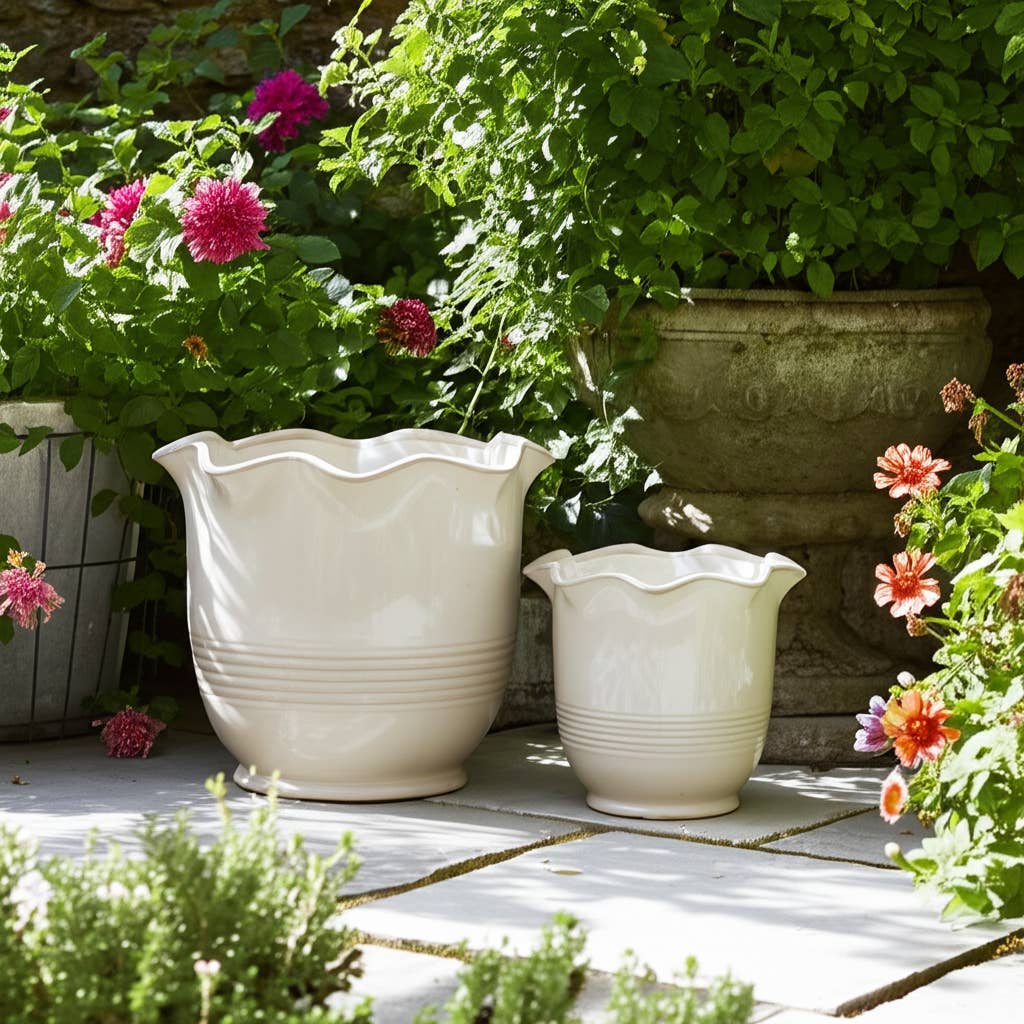 Ceramic Scalloped Rim Planters Set of 2 - Ivory, 6/8 in.