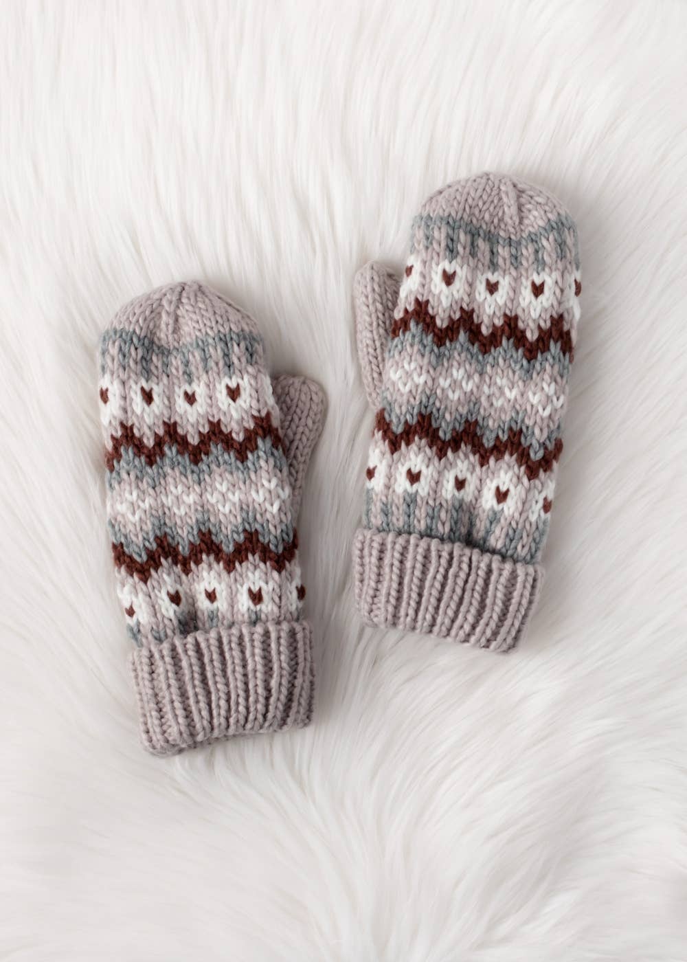 Taupe, Brown & White Winter Pattern Mittens