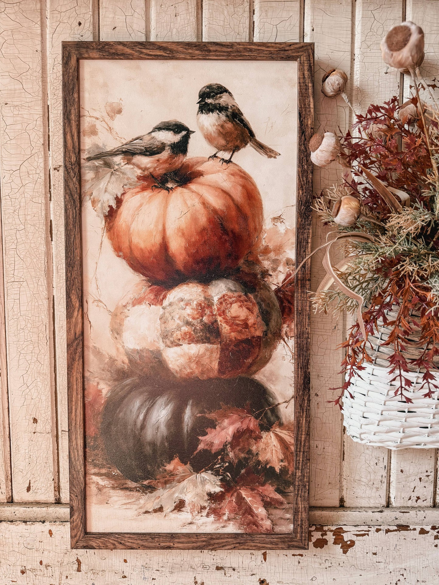 Chickadee Pumpkin Stack Art Print Wood Sign