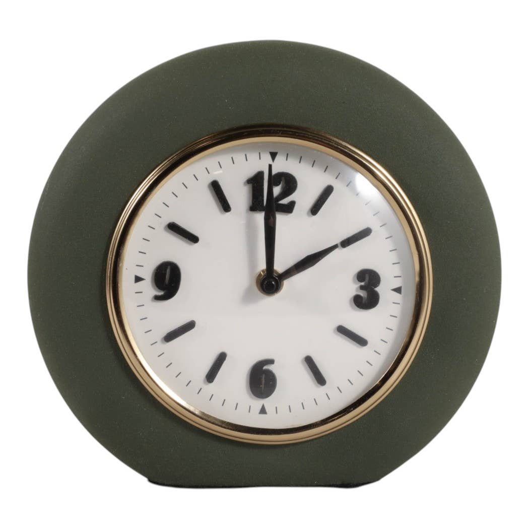 Table Clock - Green Metal and Glass Round Design, 7 in.
