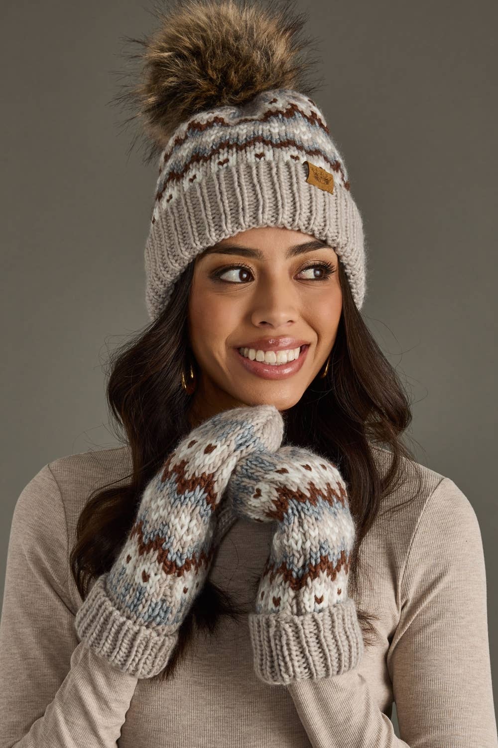 Taupe, Brown & White Winter Pattern Mittens