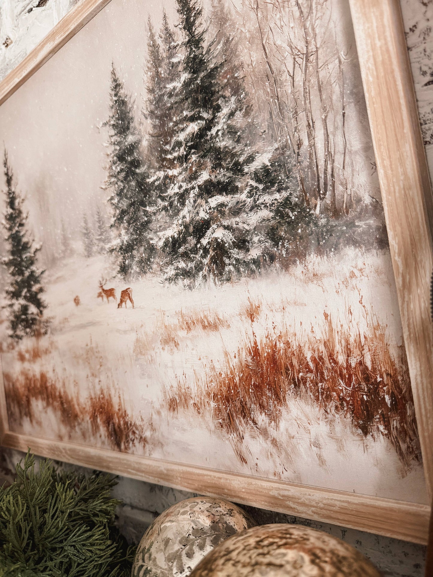 Snowy Forest with Deer Wood Sign
