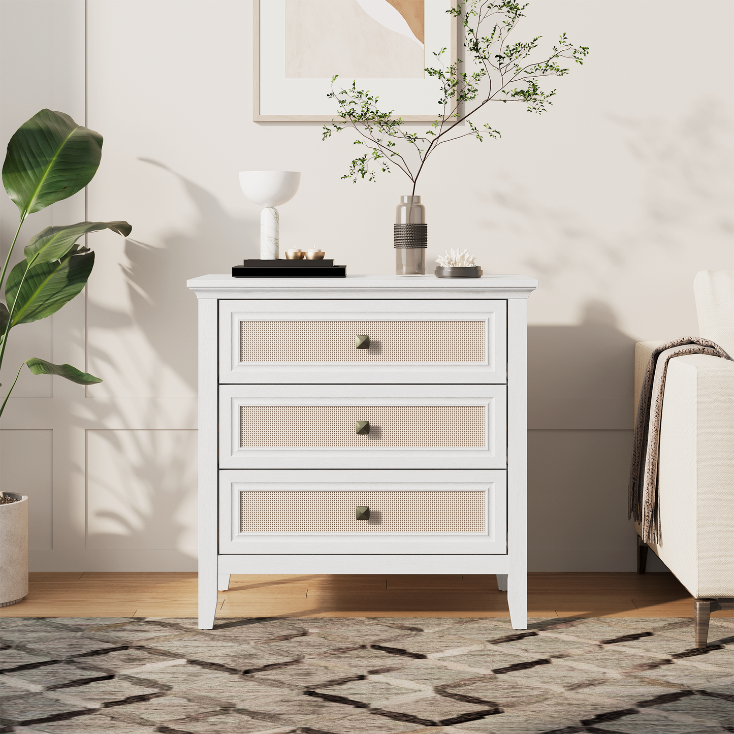3 Drawer Dresser, Cane Nightstand with Rattan Drawers