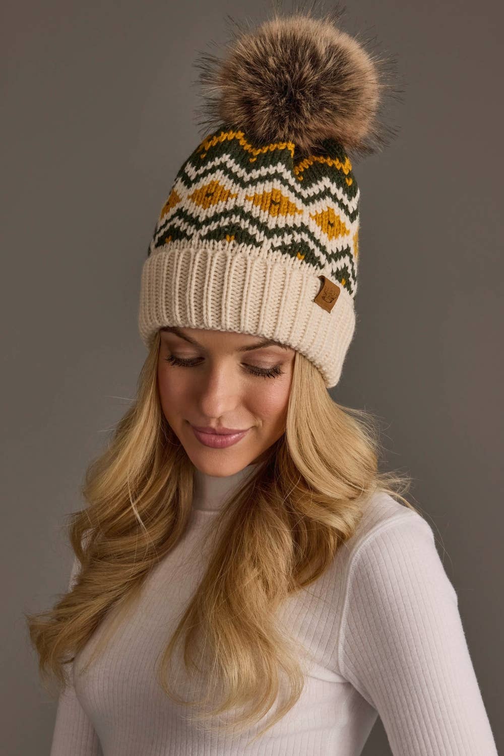 Cream, Olive & Mustard Patterned Pom Hat