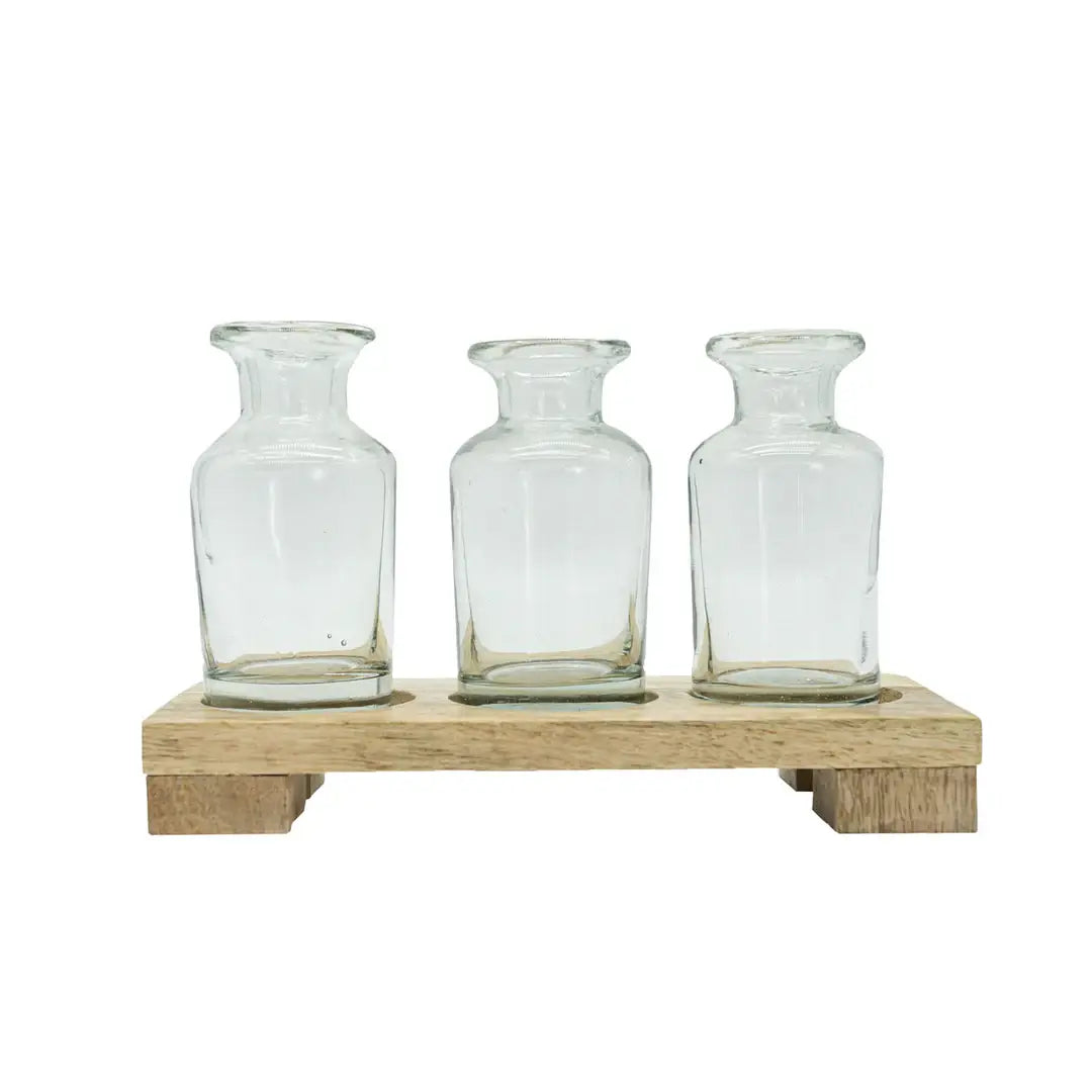 Hazel 3 Glass Bud Vase With Wood Tray