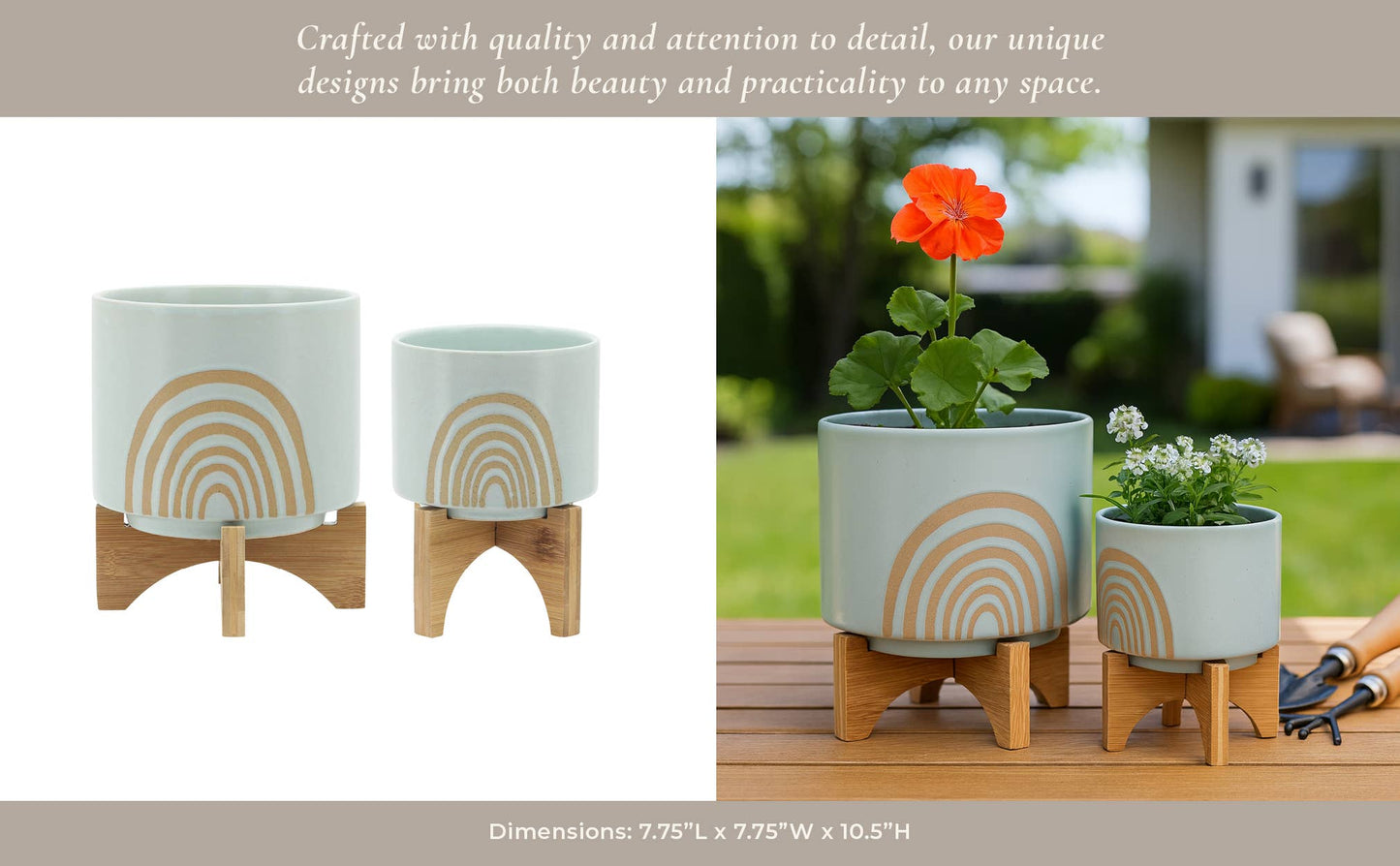 Planter Pots Set of 2 - Green Ceramic Arch Stand, 5/8 in.