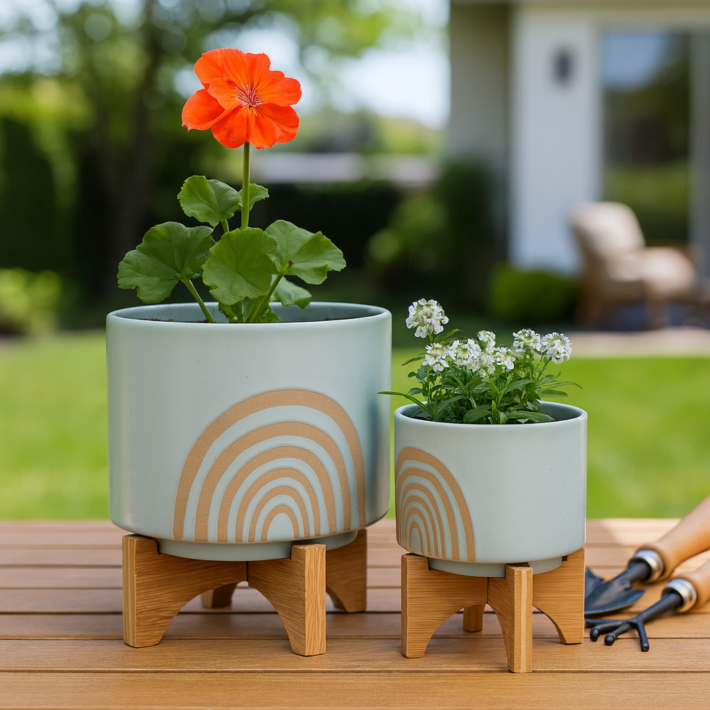 Planter Pots Set of 2 - Green Ceramic Arch Stand, 5/8 in.