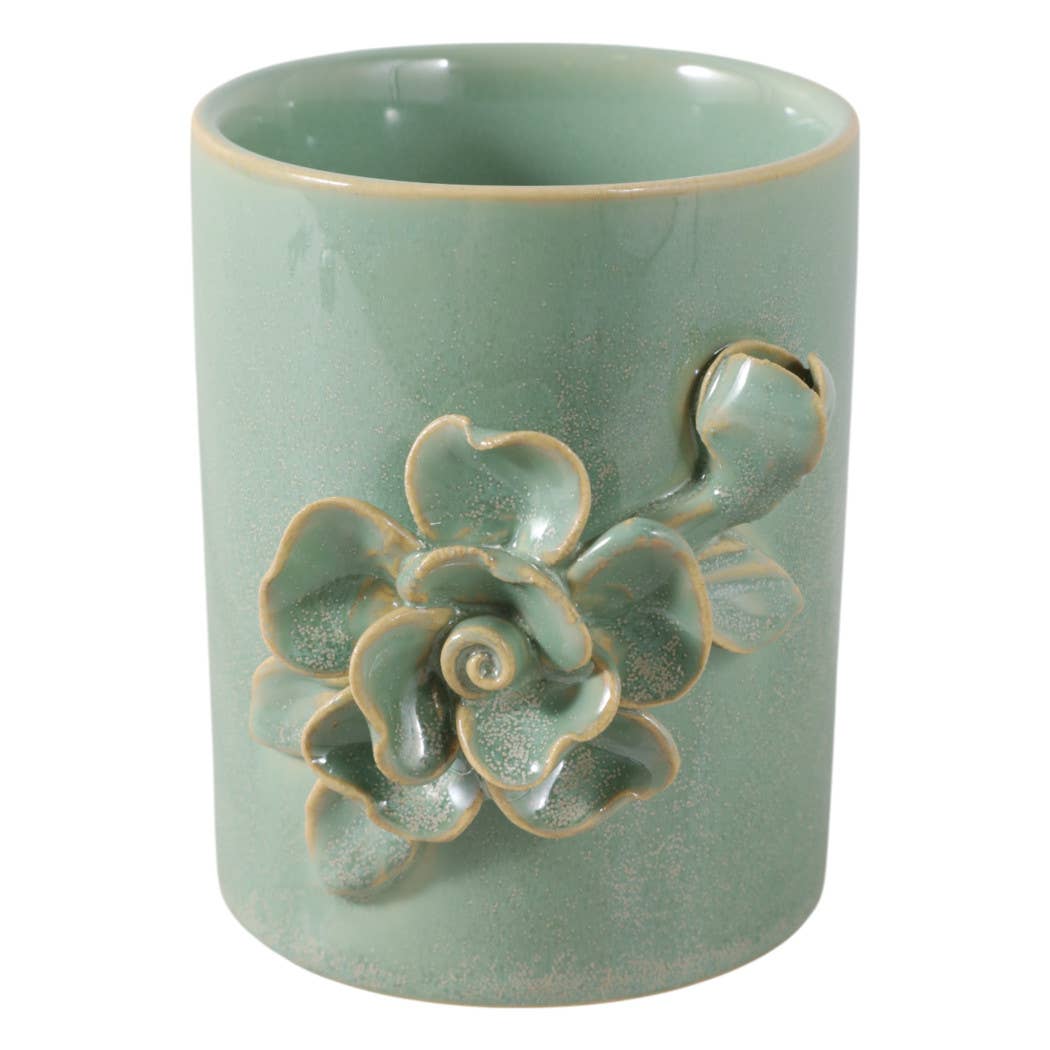 Pencil Cup - Green Ceramic Rose Decorative Applique, 4 in.